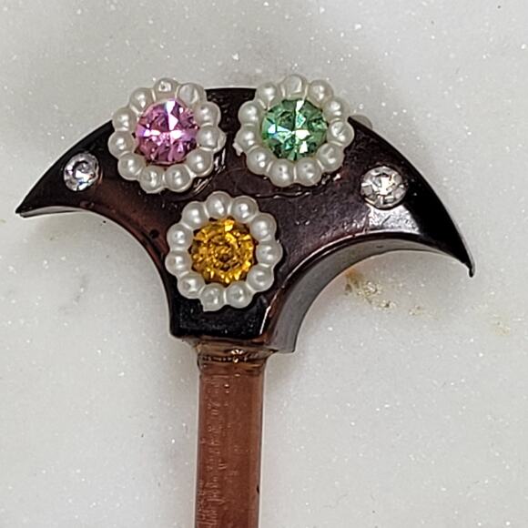 Vintage Bakelite Hair Stick 6" Brown Rhinestones Pearls - Picture 3 of 12